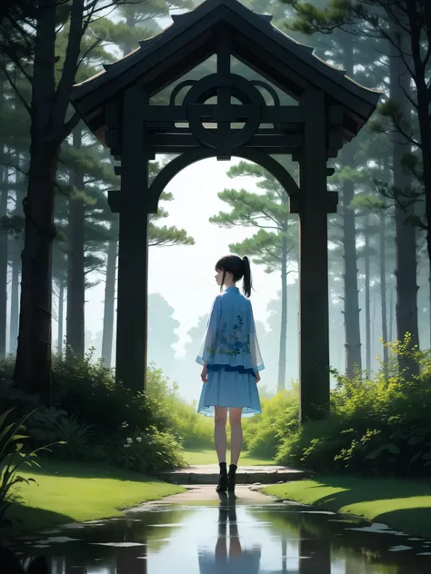 logo，Forest，A mirror ，a calm lake ,A transparent figure, a beautiful art illustration,   Xuanxue Guochao style
