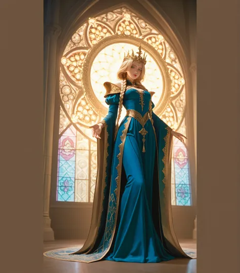 A full-body portrait of a graceful fantasy noblewoman with long twin braids, wearing a majestic, glowing crown adorned with magical gems. She is dressed in a flowing royal gown made of shimmering enchanted fabric, embroidered with celestial patterns and go...