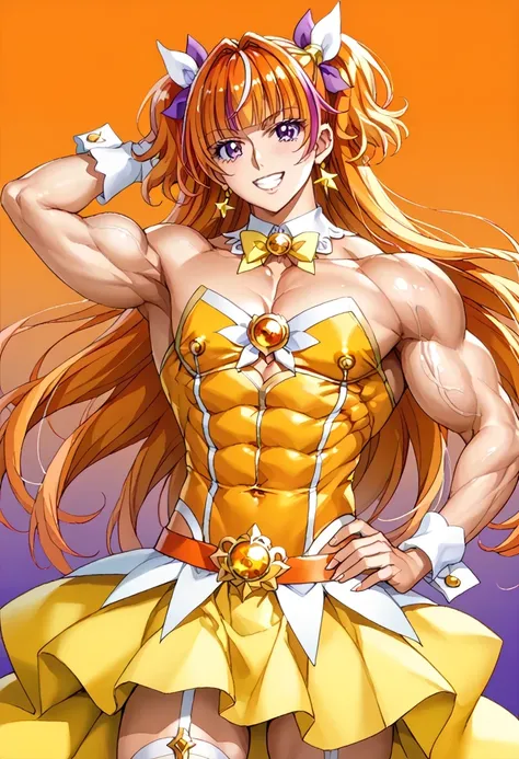 score core 8 up、score 7 up、source anime、傑作、Best quality、Best resolution、best image quality、anime coloring、anime screencap、1boy、cure twinkle is a boy、(male:1.6)、man is wearing a yellow strapless dress、solo、long hair、orange hair、low tied long hair、multicolor...