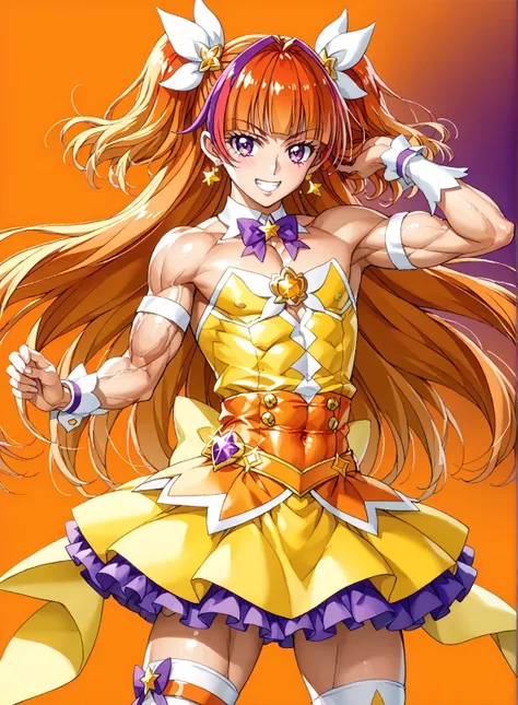 score core 8 up、score 7 up、source anime、傑作、Best quality、Best resolution、best image quality、anime coloring、anime screencap、1boy、cure twinkle is a boy、(male:1.6)、man is wearing a yellow strapless dress、solo、long hair、orange hair、low tied long hair、multicolor...