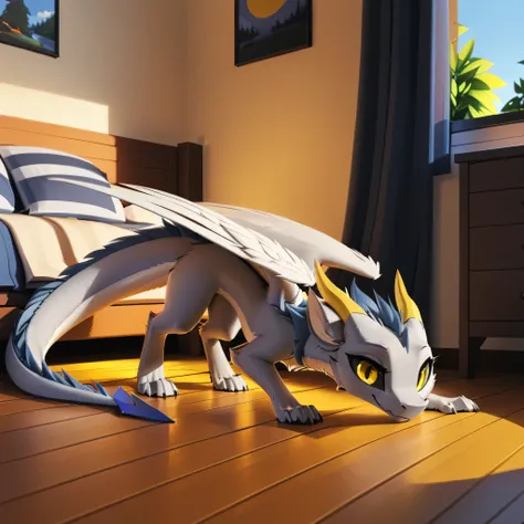 [Furred Dragon - Trendy] [Model-Test*] - masterpiece, by kluclew, by feretta,  by zaush, slightly by Mol_Keun, 3d, bedroom, sunny, wooden floor, solo, female, Nymki, dragon, chibi slender, furred_dragon, angel_wings feathered_glow super_fluffy, dragon tail...