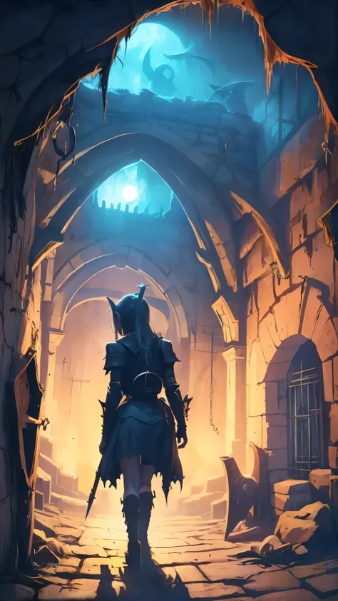 A cyborg girl hunter, Demons tormenting, walking in a dark and dark dungeon with ghostly shadows haunting, fantanmas
