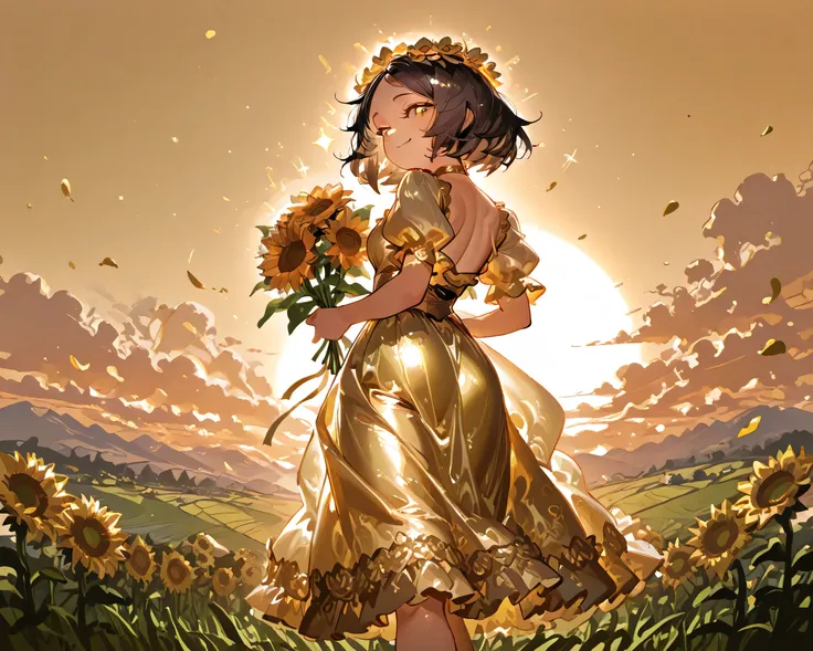 A stunningly beautiful and voluptuous young woman dressed in a radiant yellow dress that clings to her curves, standing confidently in a vast, sun-drenched field of glowing girasoles. Her dark hair, adorned with a delicate floral crown, cascades down her b...