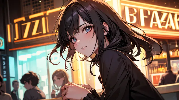 a striking close-up of a stylish young woman with sharp bangs and expressive eyes, standing under a vintage neon jazz bar sign at night, warm golden light casting dramatic shadows on her face, viewed from a slightly low angle, soft city lights bokeh behind...