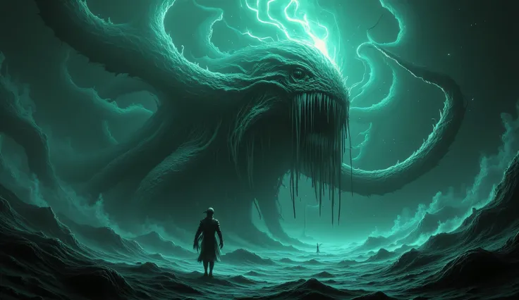 Eldritch horror from the deep sea, cosmic horror style, tentacled monstrosity, dark waters.