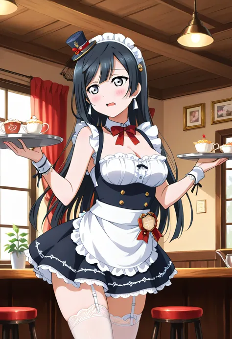 An image of Setsuna Yuki, thin waist, long, slender legs, blushed, dressed as a maid, open neckline, mini top hat, white stockings with lace with garter belt, retractable mini skirt, Tray in the hand, inside a maid cafe, posing sensually 
