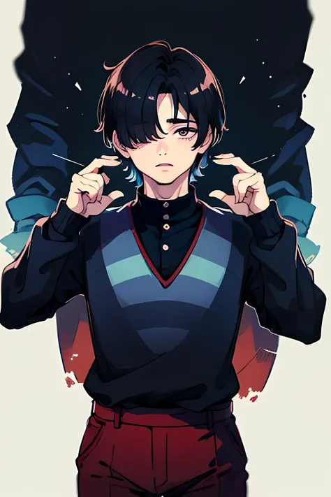 Teen boy, with black hair, covering one eye, wearing a black sweater with blue stripes and maroon pants