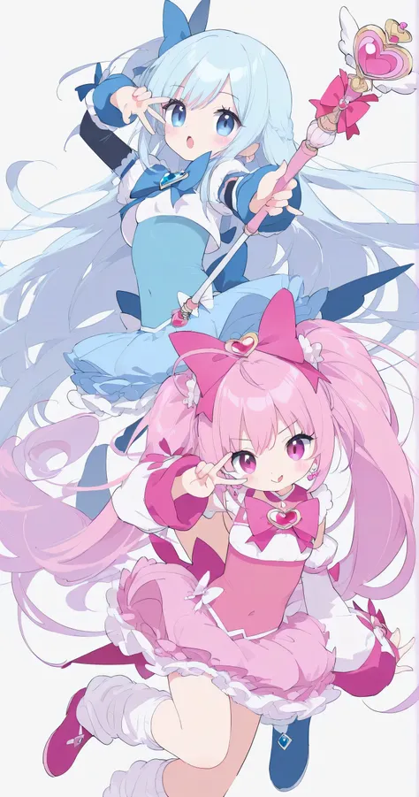 flat chest, clothed, covered body, tight clothes, cropped clothes, oversized longsleeve, loose socks, medium breasts, long hair, detailed clothes decoration, A dynamic pose, detailed background, cute pose, temptation pose, magical girl, pink and light blue...