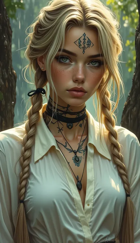 Score_9, score_8_up, score_7_up, ((highest quality)), ((masterpiece)), ((full face)), Perfect Face, (High definition), (Best Shadow), 8k, cinematic, (Realistic:1.4),dramatic. Comic art. A girl with  intricate tattoos, long blonde braided hair, shaved sides...
