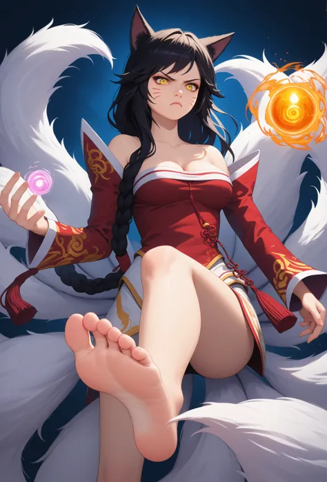 score_9, score_8_up, score_7_up, ahridefault, slit pupils, animal ears, facial mark, fox tail, multiple tails, long hair, single braid, black hair, yellow eyes, large breasts, korean clothes, collarbone, bare shoulders, cleavage, detached sleeves, solo, en...
