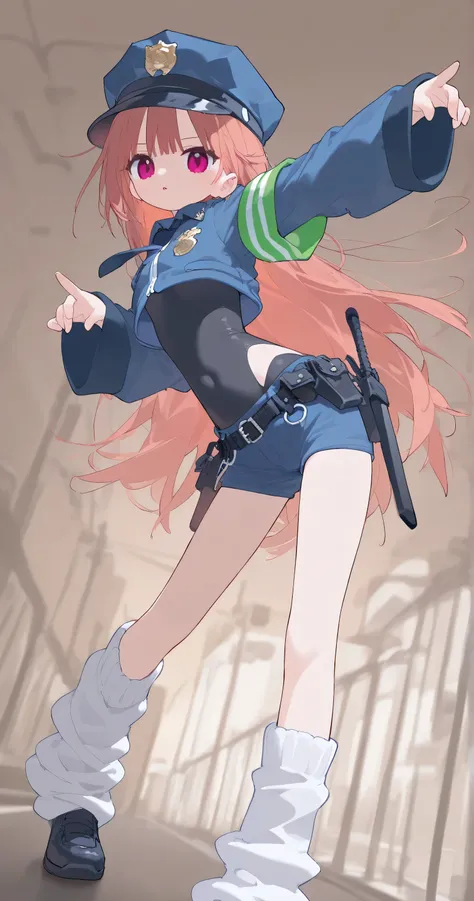 short pants, flat chest, clothed, covered body, tight clothes, cropped clothes, oversized longsleeve, loose socks, medium breasts, long hair, detailed clothes decoration, A dynamic pose, detailed background, cute pose, temptation pose, police uniform 