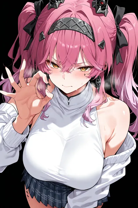 score_9, score_8_up, score_7_up, masterpiece, best quality, very aesthetic, absurdres, tunning image, attractive image, 1girl, solo, adult grown woman, hip tacet mark (wuthering waves), yellow eyes, red pupils, slit pupils, pink hair, gradient hair, twinta...