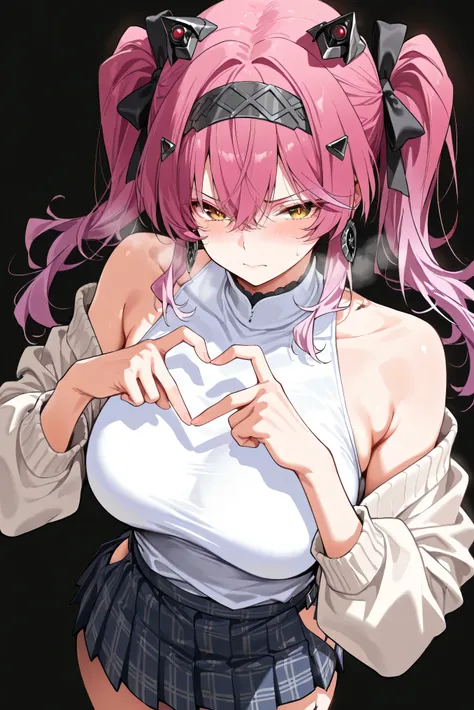 score_9, score_8_up, score_7_up, masterpiece, best quality, very aesthetic, absurdres, tunning image, attractive image, 1girl, solo, adult grown woman, hip tacet mark (wuthering waves), yellow eyes, red pupils, slit pupils, pink hair, gradient hair, twinta...