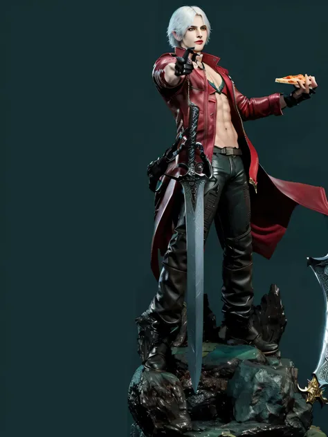 arafed male figure kim taehyung, with a sword and a sword in his hand and a pizza in the another, dante from devil may cry, dante from devil may cry 2 0 0 1, dante, devil may cry, son of sparda, high detail iconic character, full body close-up shot, super ...