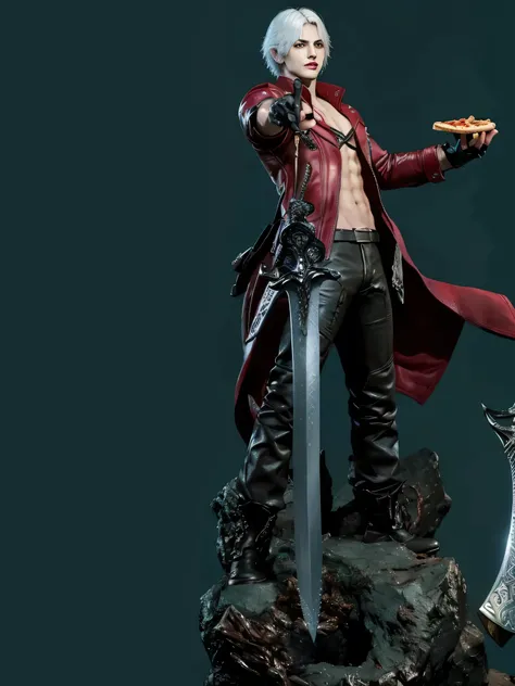 arafed male figure kim taehyung, with a sword and a sword in his hand and a pizza in the another, dante from devil may cry, dante from devil may cry 2 0 0 1, dante, devil may cry, son of sparda, high detail iconic character, full body close-up shot, super ...