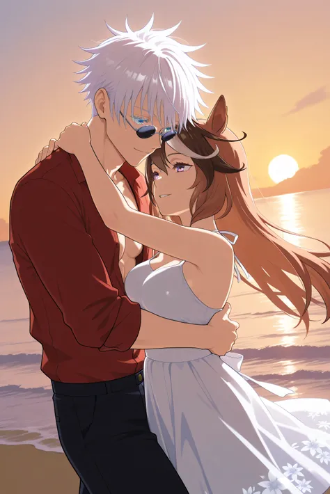 1boy, male focus, gojou satoru, jujutsu kaisen, white hair, short hair, round sunglasses, blue eyes, colored eyelashes, sexy man, handsome, pectoral, open shirt, red shirt, floral pattern, black shorts trunk, rolled up sleeves, BREAK 1girl, Symboli Rudolf,...