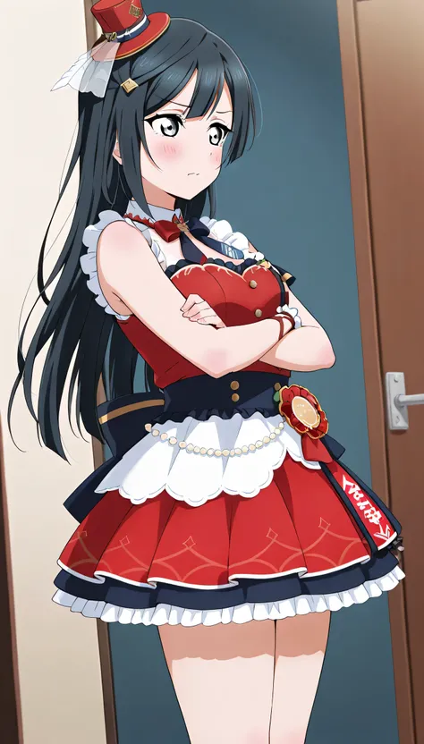 An image of Yuki Setsuna , blushed , Annoying idol dress, red skirt, mini top hat, stop, Arms crossed, inflated cache, room.  Side view from the right.   , stop, legs together 