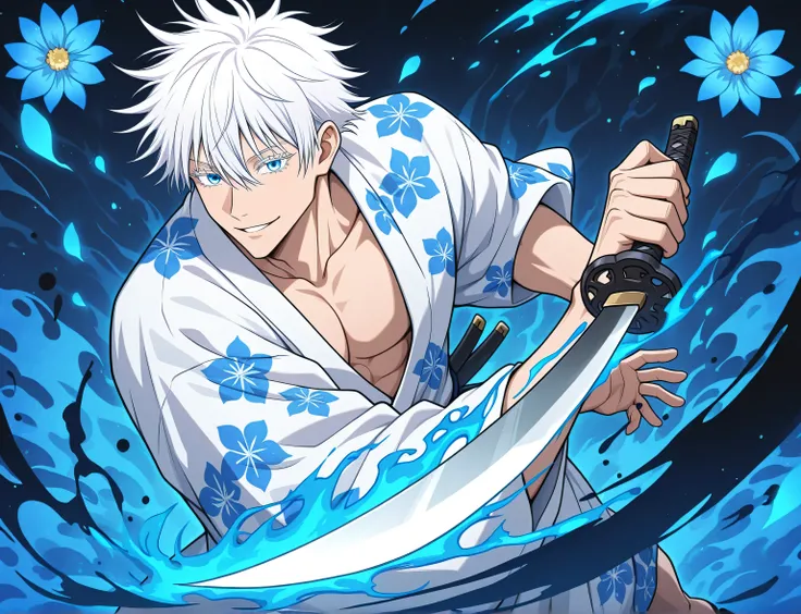 1man, adult, male focus, gojou satoru, jujutsu kaisen, white hair, short hair, ((hair between eyes)), colored eyelashes, white eyelashes, blue eyes, intricate eye iris, detailed eyes, muscular male, sexy man, handsome man, handsome face, white kimono with ...