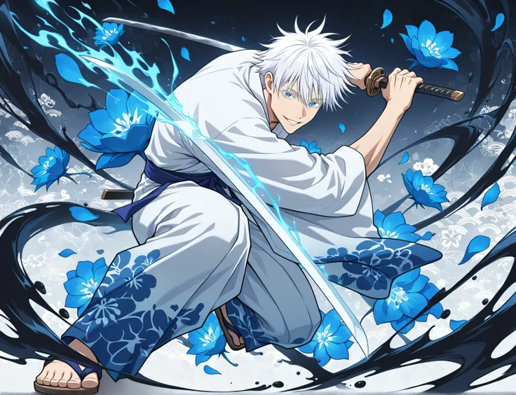 1man, adult, male focus, gojou satoru, jujutsu kaisen, white hair, short hair, ((hair between eyes)), colored eyelashes, white eyelashes, blue eyes, intricate eye iris, detailed eyes, muscular male, sexy man, handsome man, handsome face, white kimono with ...