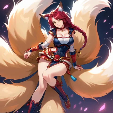 score_9,score_8_up, score_7_up, source_anime, ahrifxfir, slit pupils, animal ears, facial mark, fox tail, multiple tails, long hair, single braid, red hair, yellow eyes, large breasts, hair Ornament, choker, leotard, cleavage, vambraces, pauldrons, side cu...