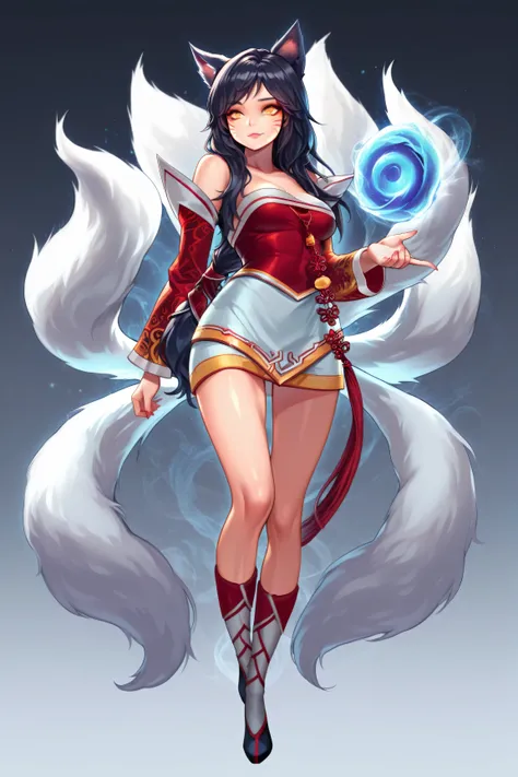  Highest Quality,  Ahri (League of Legends) , dark haired, long hair, fox ear, Yellow Eyes, Korean Uniform, long sleeve,  bare skin shoulders, whisker marking,full body