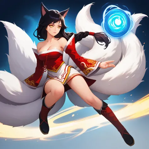 score_9, score_8_up, score_7_up, full body picture, ahridefault, slit pupils, animal ears, facial mark, fox tail, multiple tails, long hair, single braid, black hair, yellow eyes, large breasts, korean clothes, collarbone, bare shoulders, cleavage, detache...