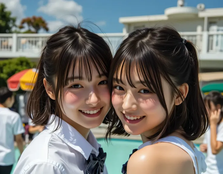 (extreme close-up:2.0),(She is deep kissing her classmate:2.0),(beautiful girl:1.3),2girl,Black Hair,Bobcut, Round eyes