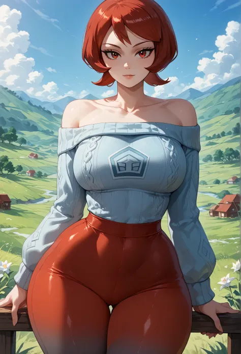 Perfect CG 8K UHD wallpaper, Perfect CG 8K UHD wallpaper, 1 , only, Pokémonarezu, cabelo vermelho, redemoinho, cabelo curto, olhos vermelhos, seios grandes, quadris largos, coxas grossas, coxas grandes,  collarbone, diamond clan costume, big sweater, manga...