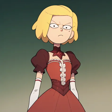 score_9, score_8_up, score_7_up, score_6_up, score_5_up, score_4_up, zPDXL2,source_anime,rating_questionable,solo, 1girl, scowl, looking at viewer,   mag1caloutf1t, long red dress, jewelry, elbow gloves,  puffy sleeves,  frills, lace , magical girl,score_9...