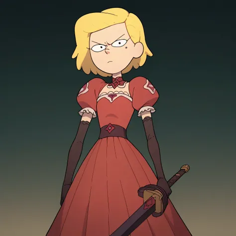 score_9, score_8_up, score_7_up, score_6_up, score_5_up, score_4_up, zPDXL2,source_anime,rating_questionable,solo, 1girl, scowl, looking at viewer,   mag1caloutf1t, long red dress, jewelry, elbow gloves,  puffy sleeves,  frills, lace , magical girl,score_9...