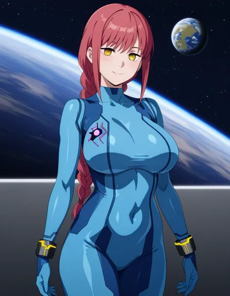 傑作、best quality、best resolution、best image quality、amazing quality、 very aesthetic、 absurdres、anime coloring、anime screencap、1woman、makima、、makima、solo、red hair、yellow eyes、long hair、bangs、braided ponytail hair、ringed eyes、big breasts、very large breasts、la...