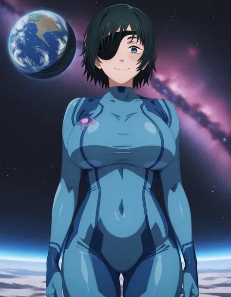 傑作、best quality、best resolution、best image quality、amazing quality、 very aesthetic、 absurdres、anime coloring、anime screencap、1woman、、himeno、himeno (chainsaw man)、solo、black hair、blue eyes、short hair、eyepatch、big breasts、very large breasts、large boobs、matur...