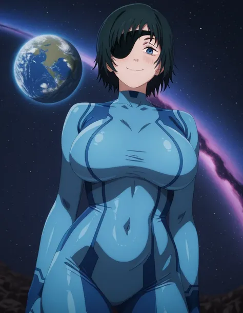 傑作、best quality、best resolution、best image quality、amazing quality、 very aesthetic、 absurdres、anime coloring、anime screencap、1woman、、himeno、himeno (chainsaw man)、solo、black hair、blue eyes、short hair、eyepatch、big breasts、very large breasts、large boobs、matur...