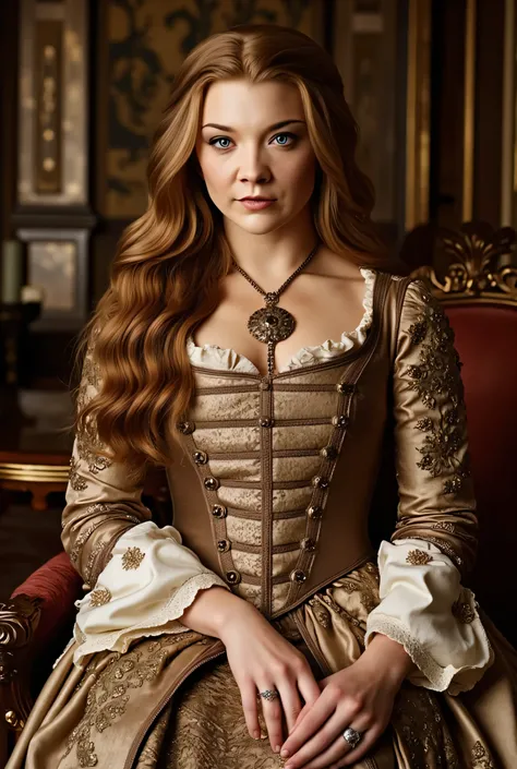 (RAW Photo, Best Quality), (Realistic, Photo Realistic: 1.3), Best Quality, Highly Detailed, Masterpiece, Hyperdetail, Realistic photo shot, realistic photo of a beautiful young queen , makeup, , brunette hair , (( queen medieval Renaissance Maxi d...