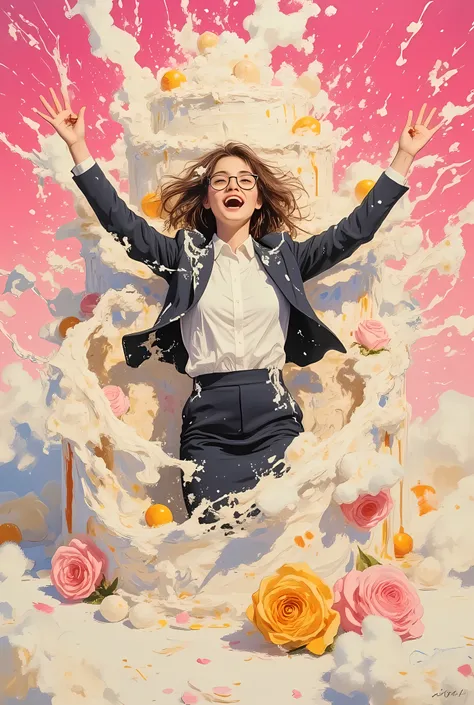 dynamic full body shot, a woman with glasses in a soaked dark business suit — blazer, white shirt, pencil skirt — bursting with joy out of a giant multi-tiered cake, her hair and clothes dripping with thick whipped cream and frosting, arms raised in chaoti...