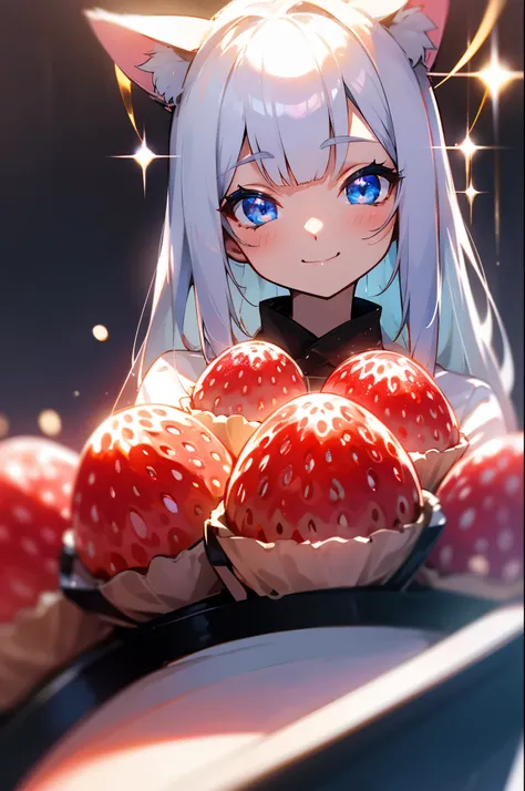 one woman、 Silver Hair、Sparkling blue eyes、Strawberry cream sweets、Cat ears、Smile Yan、cowboy shot、(Captured with an 80mm portrait lens, F1.8, ISO100), RAW photo, cinematic lighting:1.3