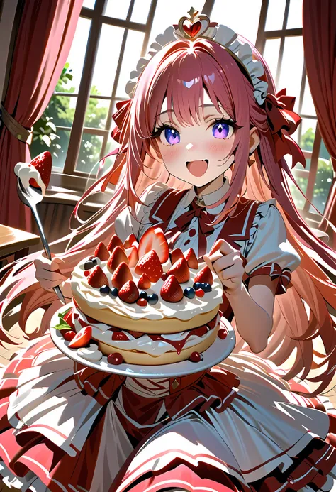 Idol　strawberry shortcake motif costume  decoration　A huge shortcake breaks and she comes out from inside　holding a huge fork and spoon