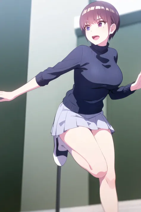 draw the facial expression more delicately，A woman with a lovely smile，Woman with short pink hair，a more delicate expression,only，Full color CG,long black hair，white hair band，，pleated miniskirtミニスカート，accurate hand and foot expressions，my nipples are sharp...