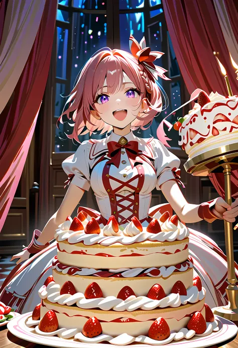 Idol Costumes and decorations with strawberry shortcake motifs A huge shortcake breaks and she comes out from inside