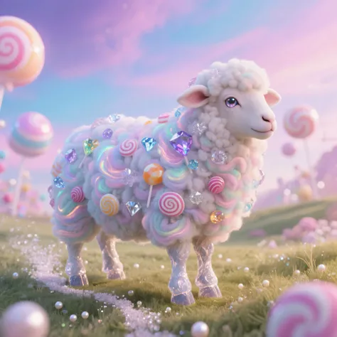 (A whimsical and ethereal sheep:1.5) with its entire fleece made of (iridescent, pastel-colored cotton :1.6), swirling and soft, (each strand shimmering with a faint glow:1.2). Adorning its cotton wool are countless (gem-like candies:1.7) of various shape...