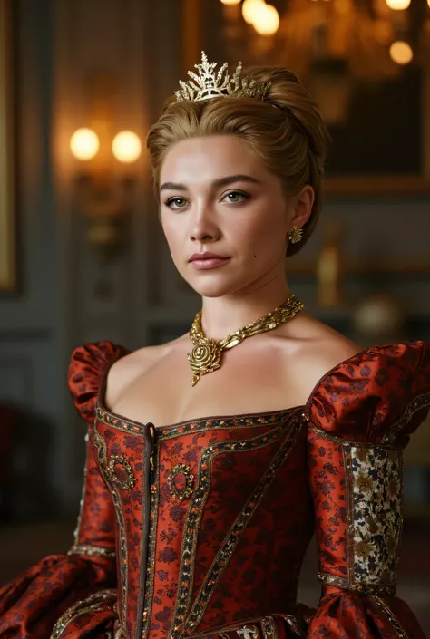 (RAW Photo, Best Quality), (Realistic, Photo Realistic: 1.3), Best Quality, Highly Detailed, Masterpiece, Hyperdetail, Realistic photo shot, realistic photo of a beautiful young queen , makeup, , brunette hair , (( 18th Century Vintage Medieval Even...