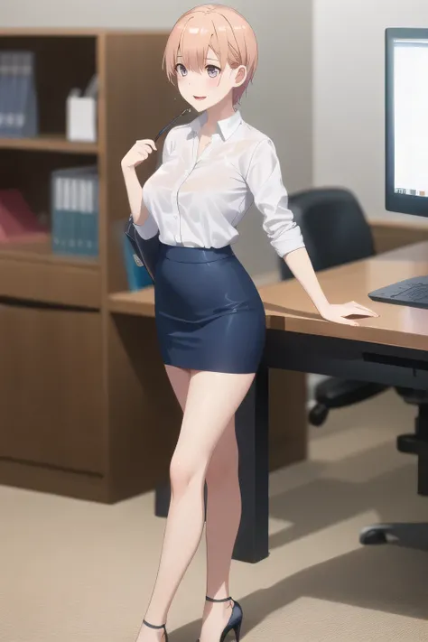 Let's draw a more delicate expression，A woman with a lovely smile，Woman with pink short hair，can you draw an office lady's uniform，white blouse，Navy Blue Mini Skirt，high heels，can you Let's draw a more delicate expression, adult sexy women ,only，，Full colo...