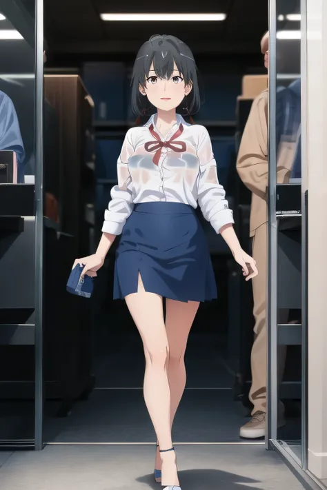 Office lady ，black hair long hair，Let's draw a more delicate expression，A woman with a lovely smile，black hair long hairの女性，，can you draw an office lady's uniform，white blouse，Navy Blue Mini Skirt，high heels，can you Let's draw a more delicate expression, a...