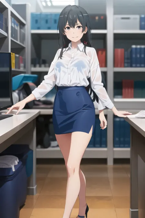 Office lady ，black hair long hair，Let's draw a more delicate expression，A woman with a lovely smile，black hair long hairの女性，，can you draw an office lady's uniform，white blouse，Navy Blue Mini Skirt，high heels，can you Let's draw a more delicate expression, a...