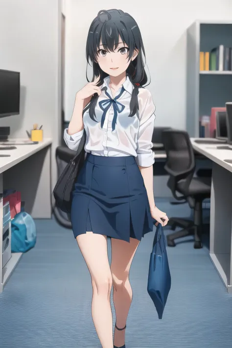 OL ，black hair long hair，Let's draw a more delicate expression，A woman with a lovely smile，black hair long hairの女性，，can you draw an office lady's uniform，white blouse，Navy Blue Mini Skirt，high heels，can you Let's draw a more delicate expression, adult sexy...