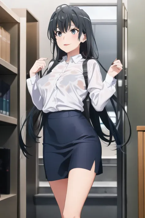 A woman with a lovely smileを描けますか，OL ，black hair long hair，Let's draw a more delicate expression，A woman with a lovely smile，black hair long hairの女性，，can you draw an office lady's uniform，white blouse，Navy Blue Mini Skirt，high heels，can you Let's draw a mo...