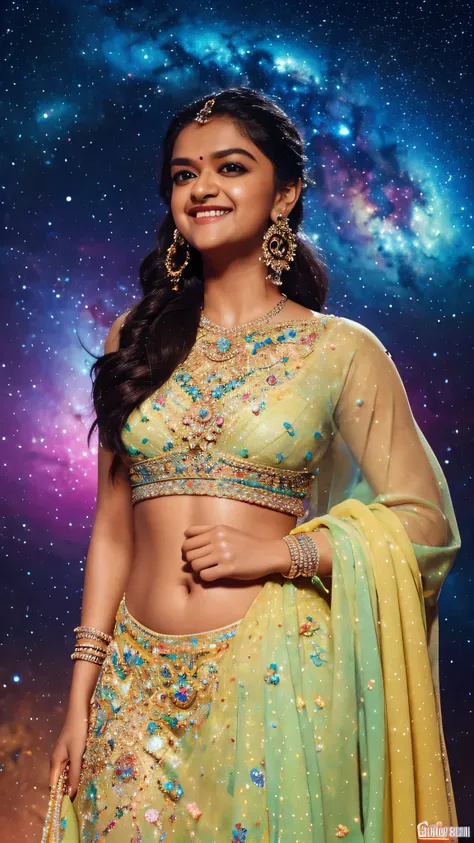 High detail, super detail, super high resolution, keerthy suresh navel exposed, enjoying her time in the dream galaxy, surrounded by stars, warm light sprinkled on her, full body, background is starry sky with colorful galaxies and galaxy clouds, stars fly...
