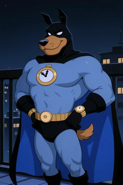 detailed background, detailed fur, source_furry, solo, 1boy, adult, WatchDog, canine, ((smirk, smug)), bedroom eyes, ((expressive)), indoors, rooftop, at night, dark sky, hands on waist, black mask, white sclera, no pupils, black cape, gray bodysuit, black...
