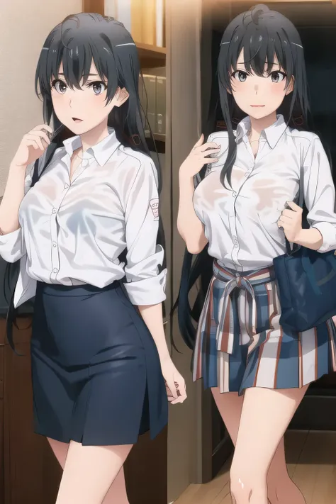 navy blue pleated mini skirt,A woman with a lovely smileを描けますか，OL ，black hair long hair，Let's draw a more delicate expression，A woman with a lovely smile，black hair long hairの女性，，can you draw an office lady's uniform，white blouse，Navy Blue Mini Skirt，high ...