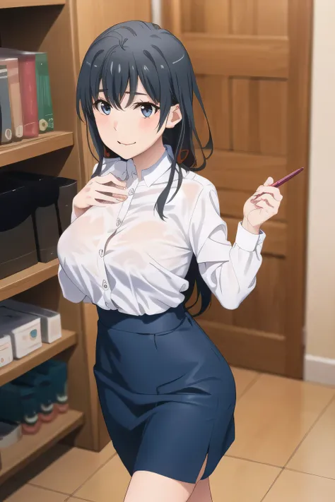 white blouse，navy blue pleated mini skirt,とてもA woman with a lovely smileを描けますか，OL ，black hair long hair，Let's draw a more delicate expression，A woman with a lovely smile，black hair long hairの女性，，can you draw an office lady's uniform，white blouse，Navy Blue ...